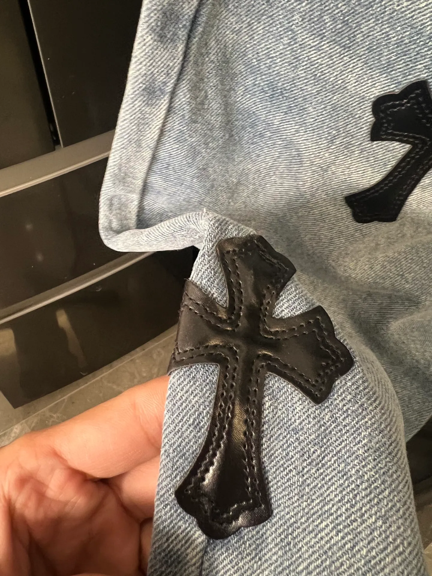 P260 [next day] Chrome hearts/Chrome hearts GALLERY DEPT cross-leather joint stitching jeans (blue) Size: 28 30 32 34 (corresponding to s-xl) Detailed sizes can be found in Figure 9
